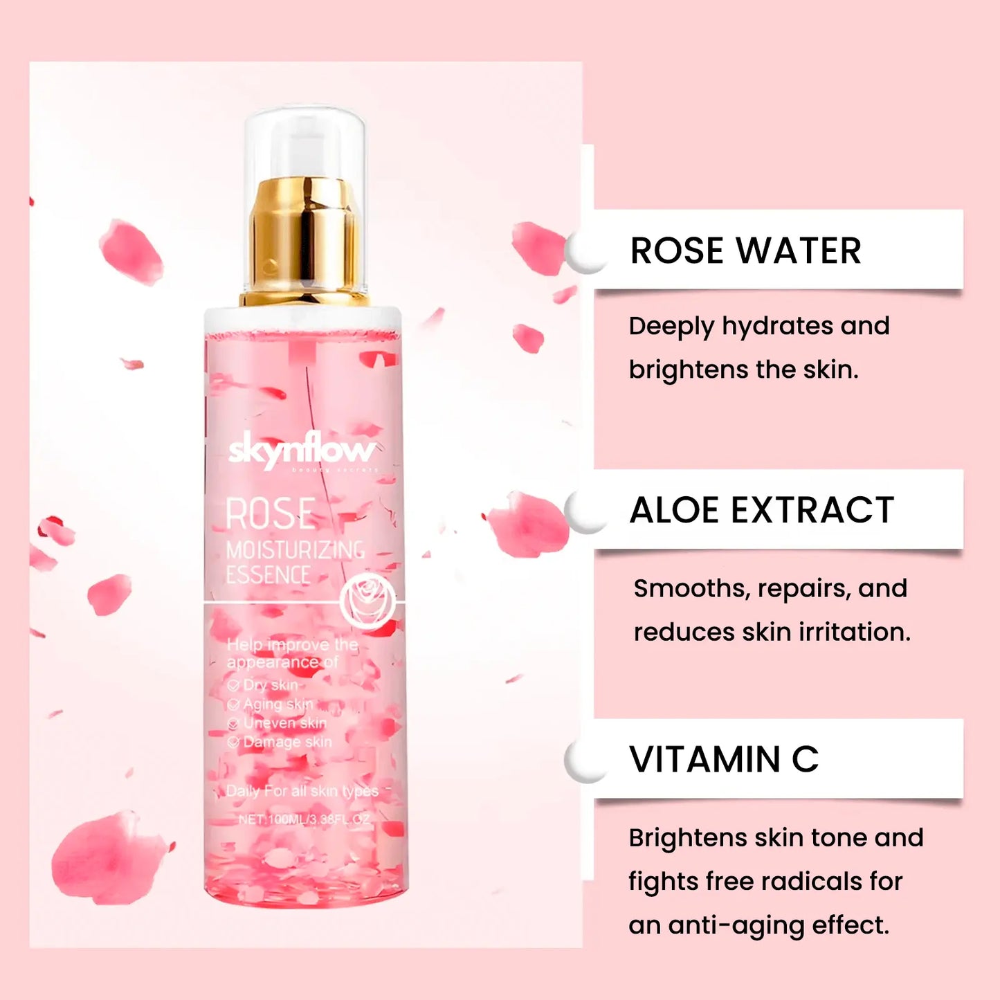 Tonico viso rinfrescante e idratante con essenza di rosa, aloe vera e Vitamina C